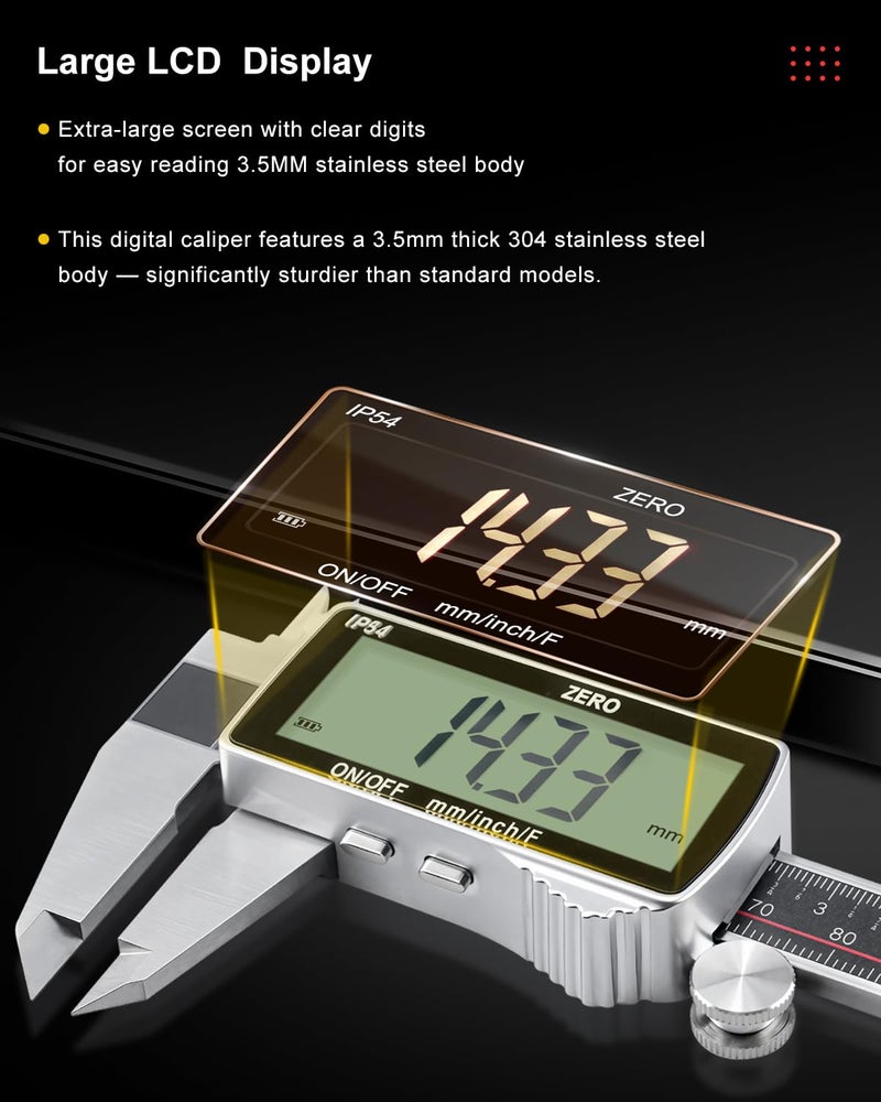 GODESON Digital Caliper, Rechargeable Digital Micrometer-IP54 Waterproof, Stainless Steel & Large LCD Screen Caliper Measuring Tool-Inch/Metric/Fraction,6" Calipers-Auto Off for Pros & DIYers - Image 4
